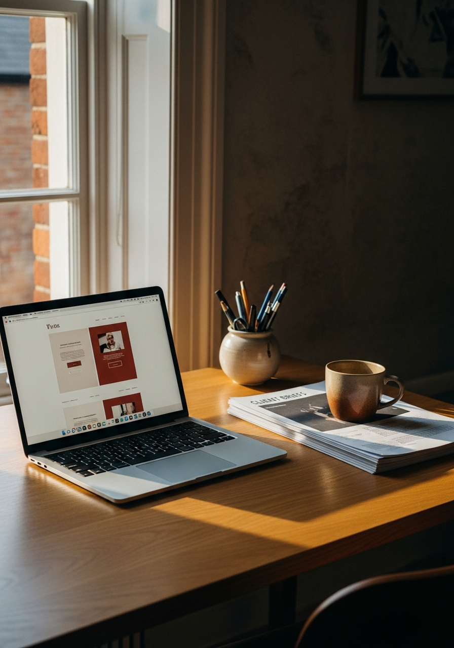 Warm workshop desk at Lombard Chambers with a laptop showing a Liverpool website mockup in progress.