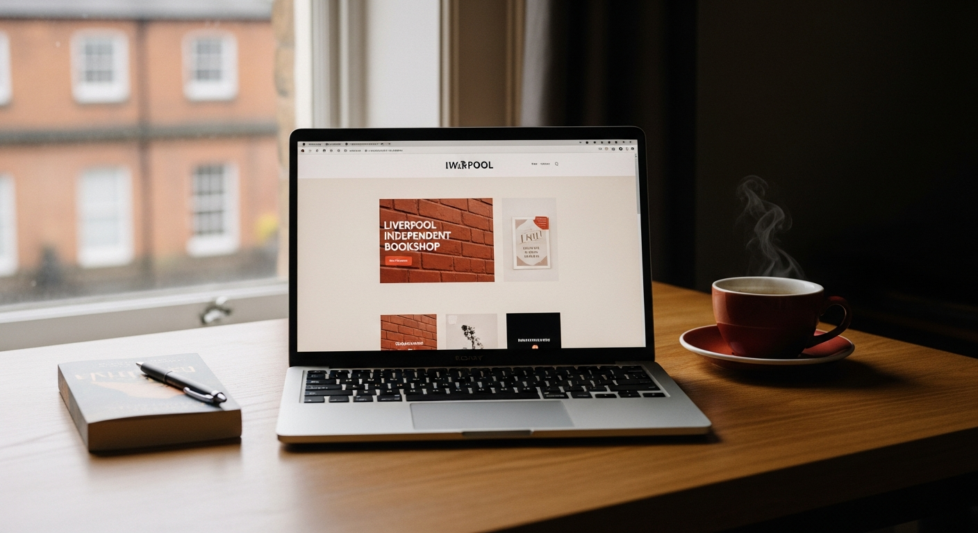 Real client website mockup on a MacBook on a warm oak desk.